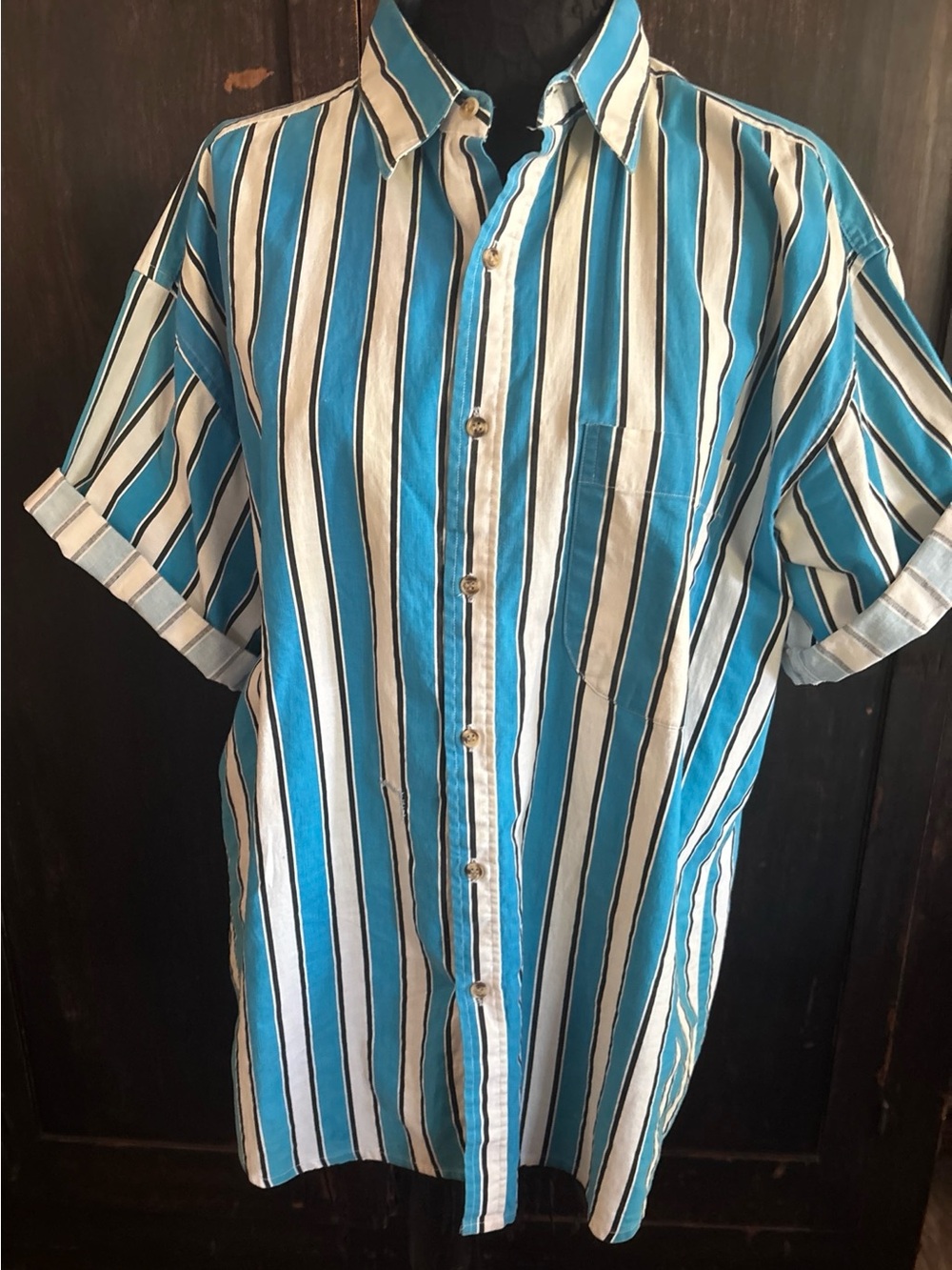 VTG 90s blue white striped Button Down rolled cuff Short Sleeve L wifey repaired